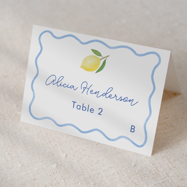Snuttrande kant blekblå citron vigkort bordsnummer (Trendy squiggle border with lemon and hand-painted blue & white tiles individual wedding place card )