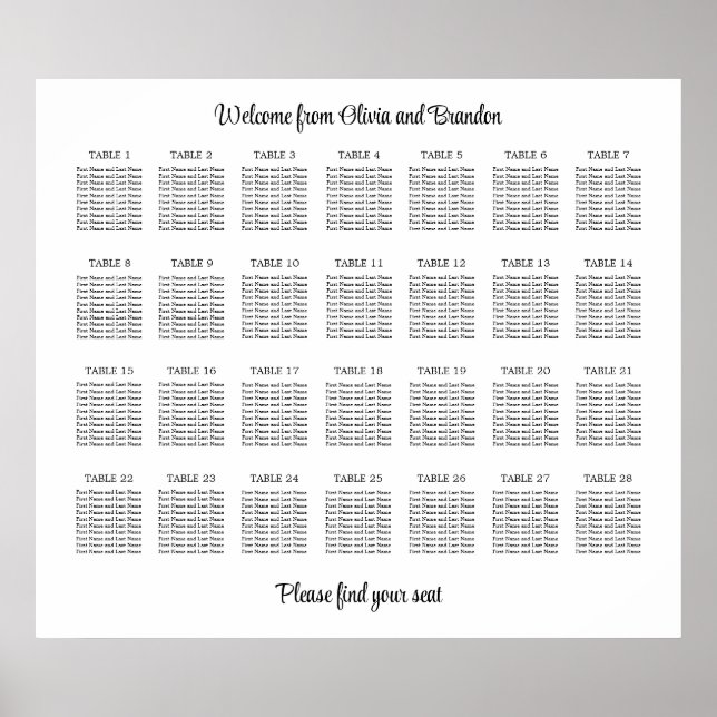 Snygg 28 bord Bryllop Platsindelning Affisch (Framsidan)
