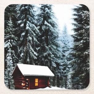 Snygg Abstrakt Little Winter Cabin Underlägg Papper Kvadrat