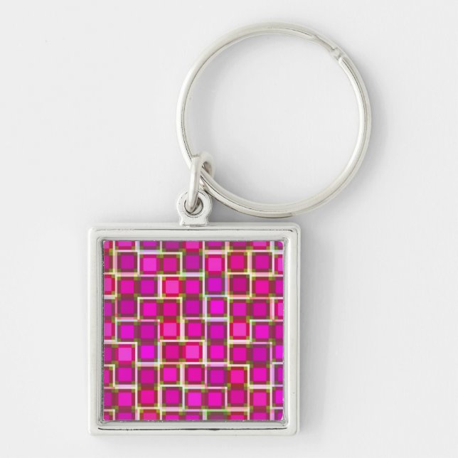 Snygg Abstrakt Tile Mönster i Rosa Fyrkantig Silverfärgad Nyckelring (Framsidan)