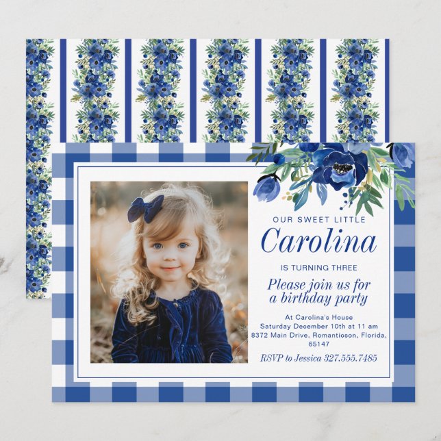 Snygg akvarell Marinblå Blommor Gingham Inbjudningar (Fram/baksida)