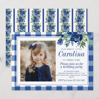 Snygg akvarell Marinblå Blommor Gingham Inbjudningar