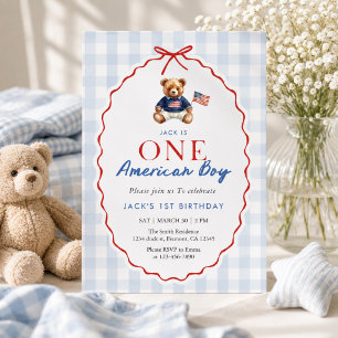 Snygg amerikansk teddybjörn Blå Gingham Pojke Förs Inbjudningar