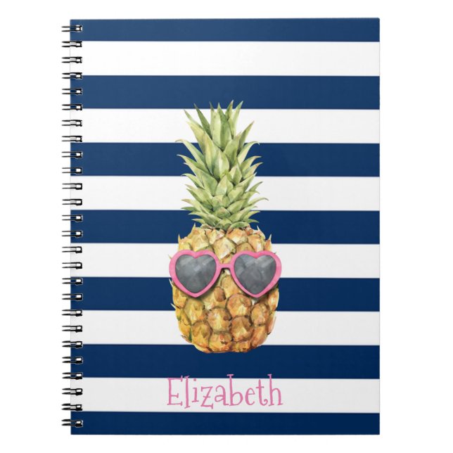 Snygg Ananas Marinblå Ränder  Anteckningsbok (Framsidan)