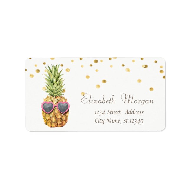 Snygg ananas vit, guld folie konfetti adressetikett (Framsidan)