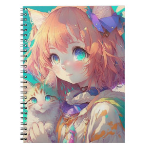 Snygg Anime Girl med Cute Kitten Anteckningsbok
