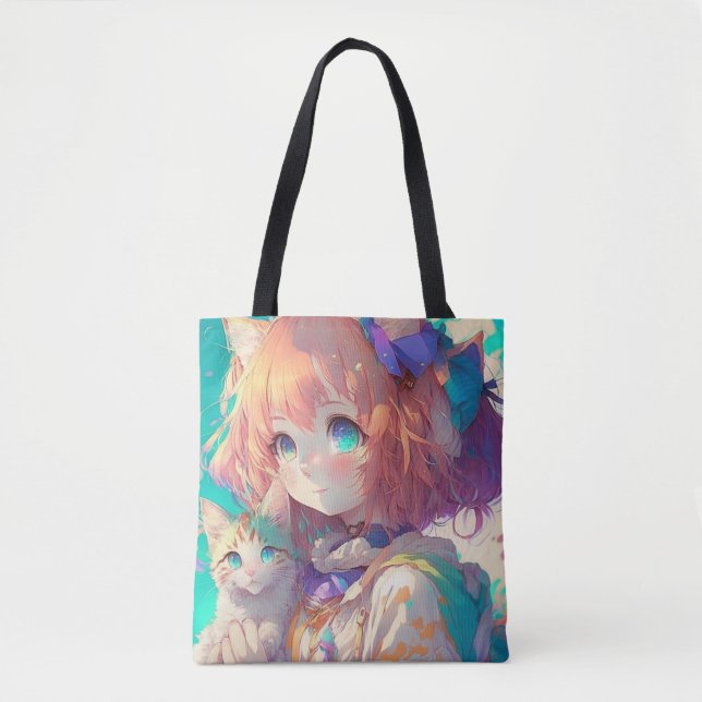 Snygg Anime Girl med Cute Kitten Tygkasse (Framsida)