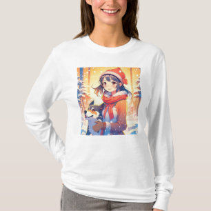 Snygg Anime Girl med Husky Hund jul T Shirt