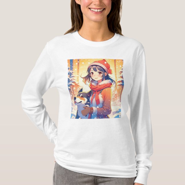 Snygg Anime Girl med Husky Hund jul T Shirt (Framsida)