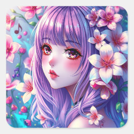 Snygg Anime Girl med Lila Hair Fyrkantigt Klistermärke