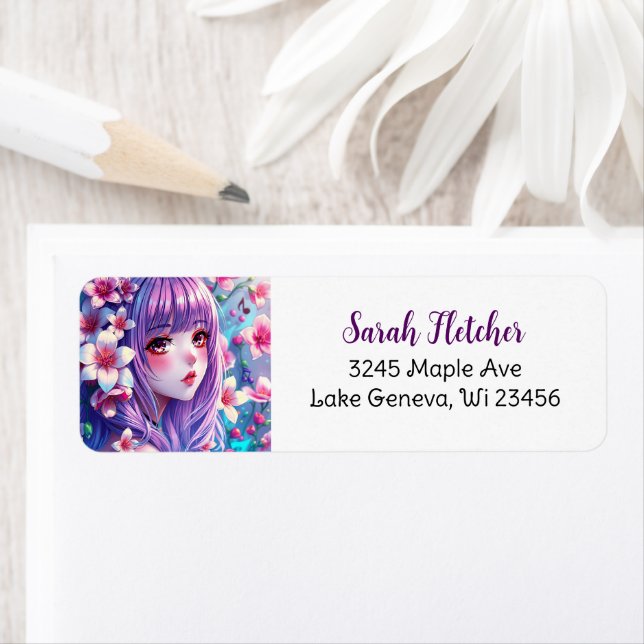 Snygg Anime Girl med Lila Hair Returadress Etikett (Insitu)