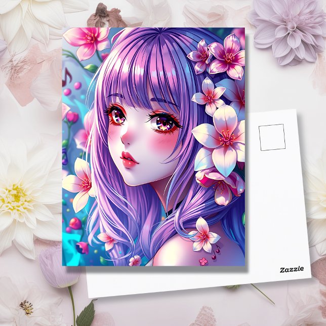 Snygg Anime Girl med Lila Hair Vykort (Skapare uppladdad)