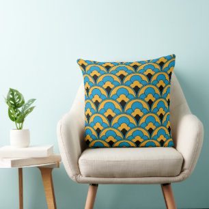 Snygg Art Deco Stil Cushion i Blå en Gult. Kudde