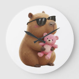 Snygg Avslappnad Kapybara med Rosa Teddybjörn Stor Klocka