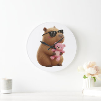 Snygg Avslappnad Kapybara med Rosa Teddybjörn Stor Klocka