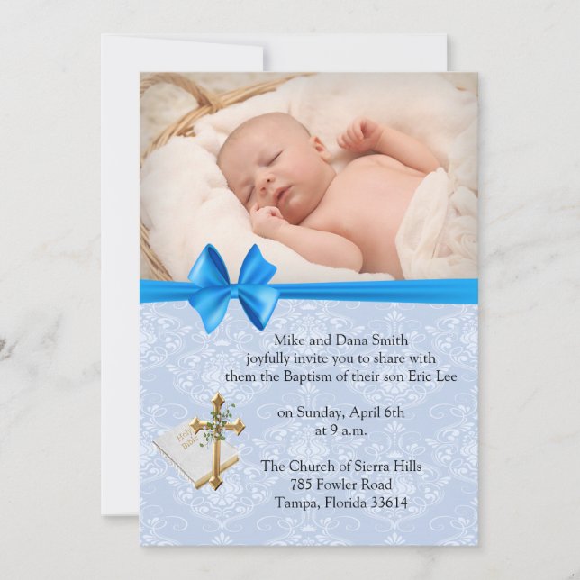 Snygg Baby blue Damask Boy Baptism  Inbjudningar (Framsida)
