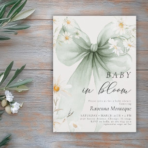 Snygg baby i blommande Daisy Grön Bow Babyshower Inbjudningar