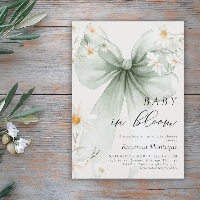 Snygg baby i blommande Daisy Grön Bow Babyshower Inbjudningar (Skapare uppladdad)