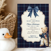 Snygg baby shower för pojke med teddybjörn i rutig