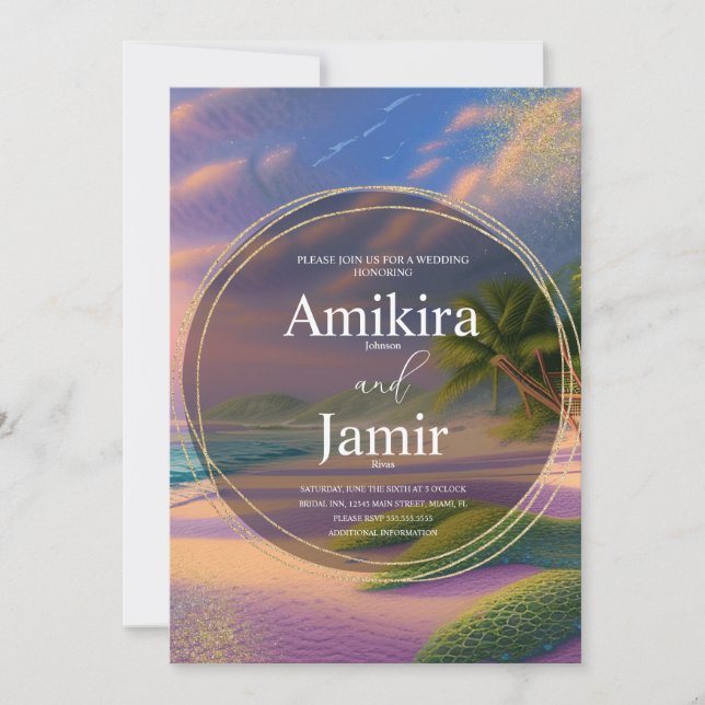 Snygg Beach Background Glitter Guld Bröllop Inbjudningar (Framsida)