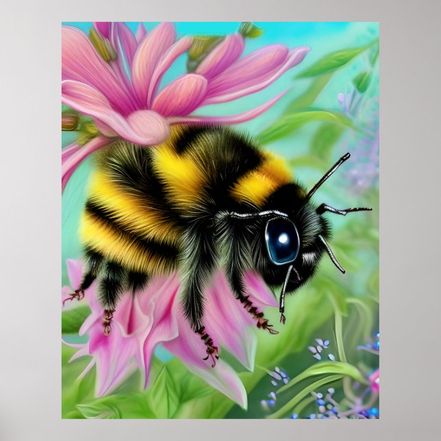 Snygg Bee på Rosa Flower Close Poster (Framsidan)
