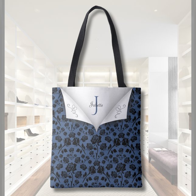 Snygg blå blommig monogrammert handväskor tygkasse (Stylish Blue Floral Monogrammed Tote Bag)