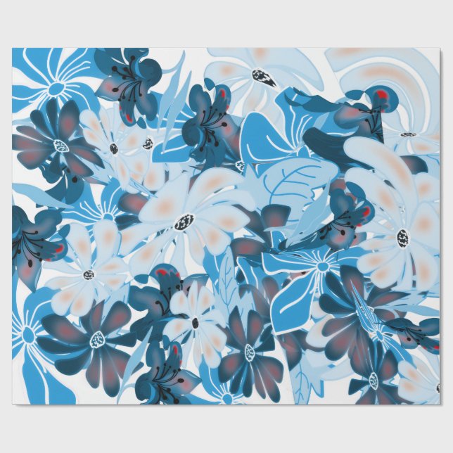 Snygg Blå Blommig Presentpapper Design (Platt)