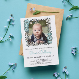 Snygg blå Blommigt Ram Photo Naming Ceremony Inbjudningar