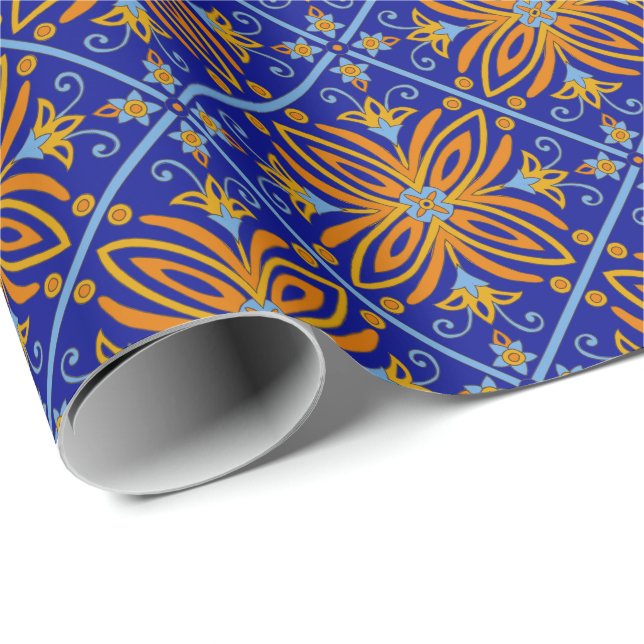 Snygg blå Boho Talavera Tile Presentpapper (Rullad Hörn)