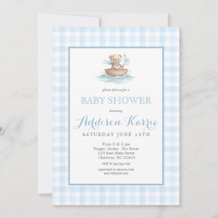 Snygg blå Gingham Teddy Bear Baby Shower Inbjudningar