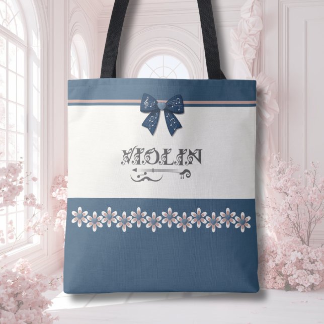 Snygg blå kokettbåge fiolorkester shoppingväska tygkasse (Pretty blue coquette bow violin tote bag for teen girls to carry scores to orchestra concerts.)