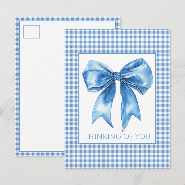 Snygg blå och vit gingham-karotröja och rosett vykort (Fram/baksida)