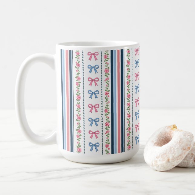 Snygg blå rosa slingor blommor randig coquette kaffemugg (Med munk)