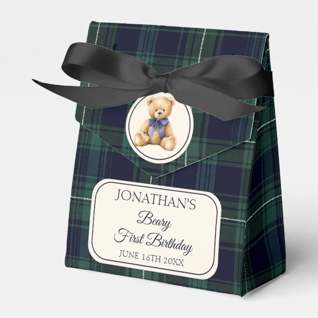 Snygg blå rosett Teddybjörn Tartan Födelsedagspres Presentaskar (Framsidan Sidan)