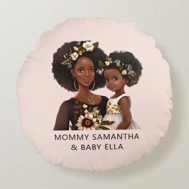 Snygg Black Mamma och Dotter (11) Rund Kudde (Framsidan)