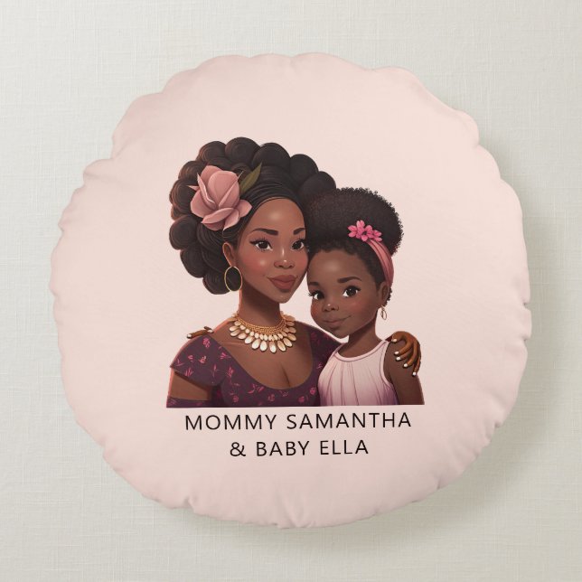 Snygg Black Mamma och Dotter (14) Rund Kudde (Framsidan)