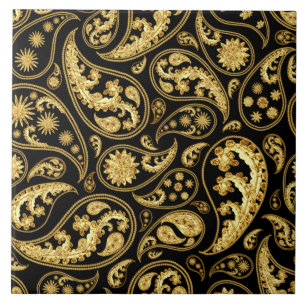 Snygg Black och Guld Paisley Mönster Kakelplatta