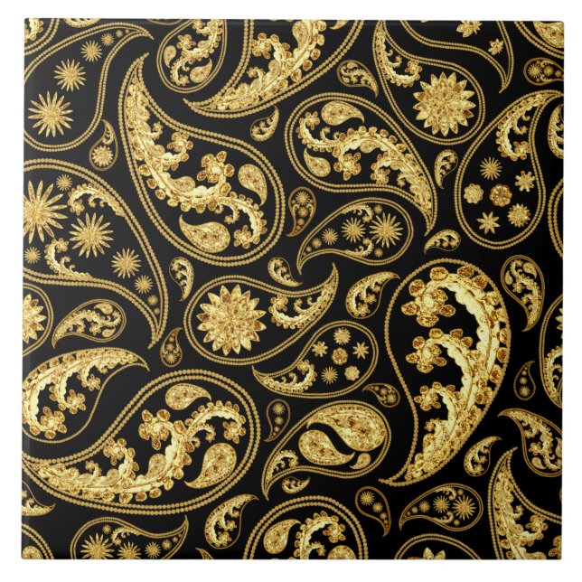 Snygg Black och Guld Paisley Mönster Kakelplatta (Framsidan)