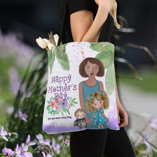Snygg Blommigt av Mor & Kids Tygkasse (Beautiful Mother & Kids Floral Illustration Tote Bag)