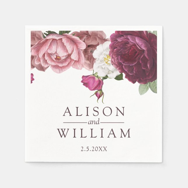 Snygg Blommigt Burgundy Bröllop Pappersservett (Framsidan)