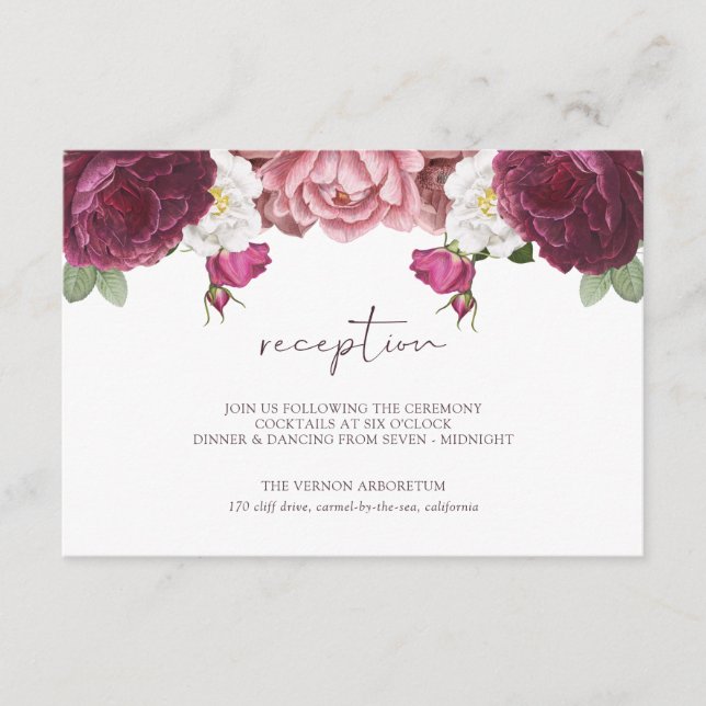 Snygg Blommigt Burgundy bröllopsmottagning Tilläggskort (Framsida)