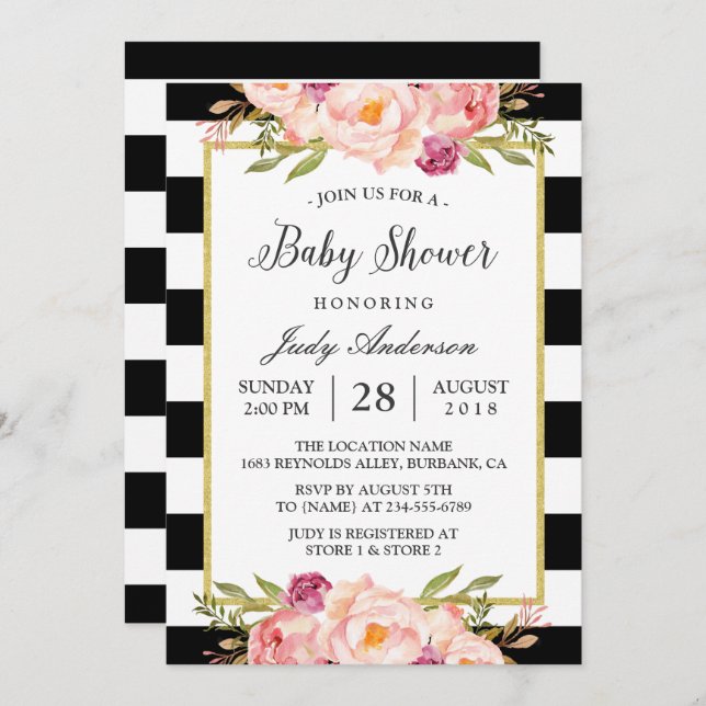 Snygg Blommigt Deor Modern Rand Baby Shower Inbjudningar (Fram/baksida)
