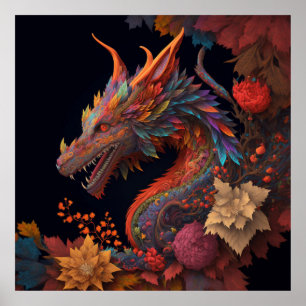 Snygg Blommigt Dragon Poster
