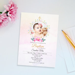 Snygg Blommigt för Rosa med Photo Baptism-inbjudan Inbjudningar