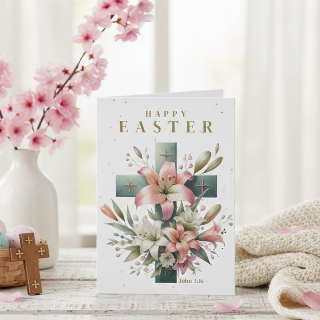 Snygg Blommigt Kor Anpassningsbar Christian Påsk Helgkort (Beautiful Floral Cross Custom Christian Easter Holiday Card with customizable text.)