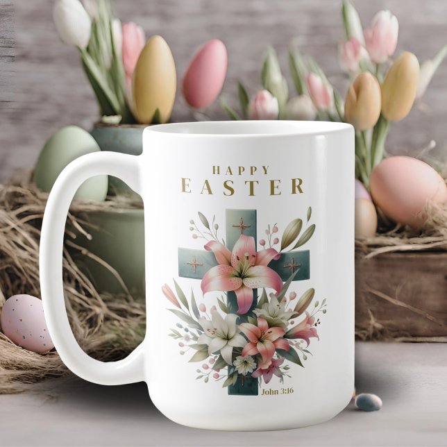 Snygg Blommigt Kor Christian Påsk Kaffemugg (Beautiful Floral Cross Christian Easter Coffee Mug)