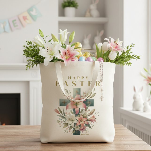 Snygg Blommigt Kor Glad påsk Christian Tygkasse (Beautiful Floral Cross Happy Easter Christian Tote Bag)