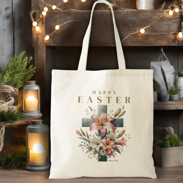 Snygg Blommigt Kor Glad påsk Christian Tygkasse (Beautiful Floral Cross Happy Easter Christian Tote Bag)