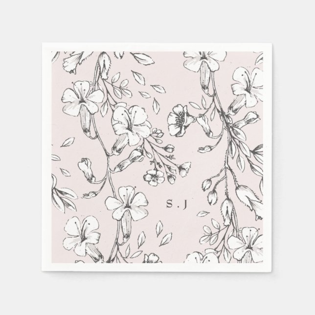 Snygg  Blommigt Monogram Sketched Bröllop Pappersservett (Framsidan)