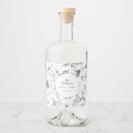 Snygg Blommigt Monogram Sketched Bröllop Spritflaskor Etikett